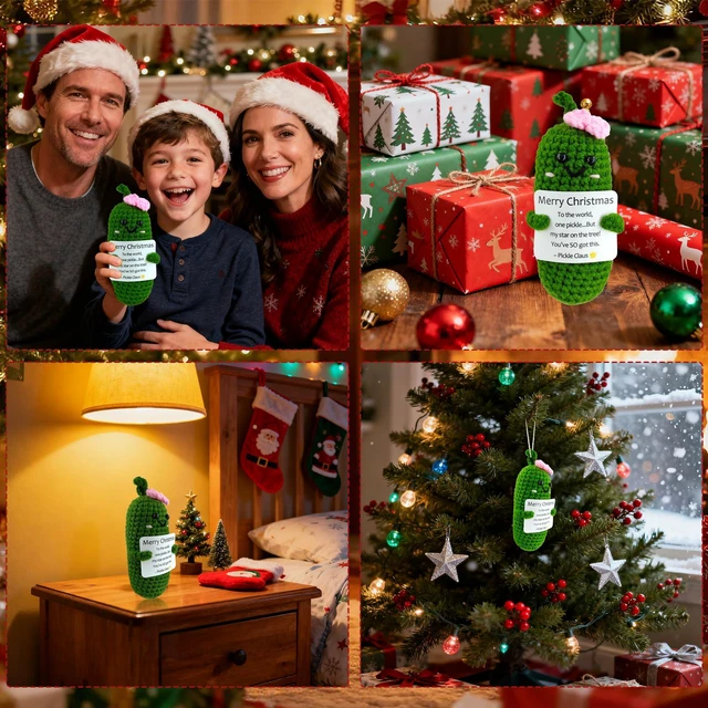 Alt view image 5 of 5 - Handmade Crochet Merry Christmas Pickle Gift,Funny Festival Wishes Pickle Ornament with Encouragement Cards, Cute Knitted Crochet Dolls for Friends and Family