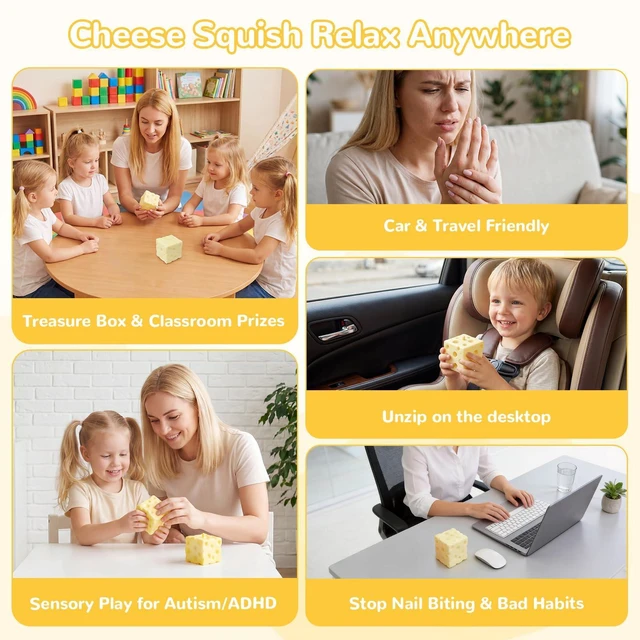 Alt view image 7 of 7 - Yellow Cheese Squeeze Toy, Non-Rebounding Soft Cheese Squishy Toy, 2.76 Inches, Sensory, Help for Relax & Focus, Soft Flexible Elastic Rubber Sensory Cheese for Kids & Adults, Stress Balls for Adults