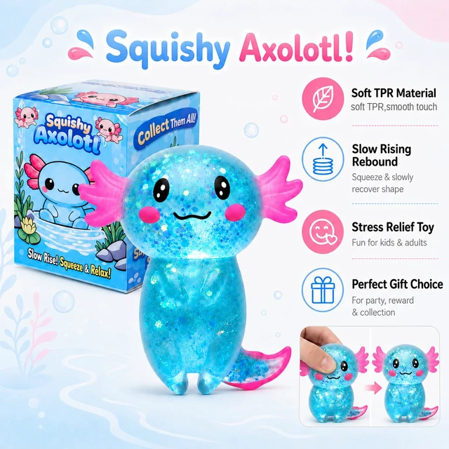Alt view image 2 of 7 - Squishy Stress Ball, Soft TPR Slow Rising Squeeze Toy, Cute Axolotl Fidget Toy for Stress Relief, Anxiety Calming Sensory Toy for Kids Adults(Blue Long Tail Axolotl)