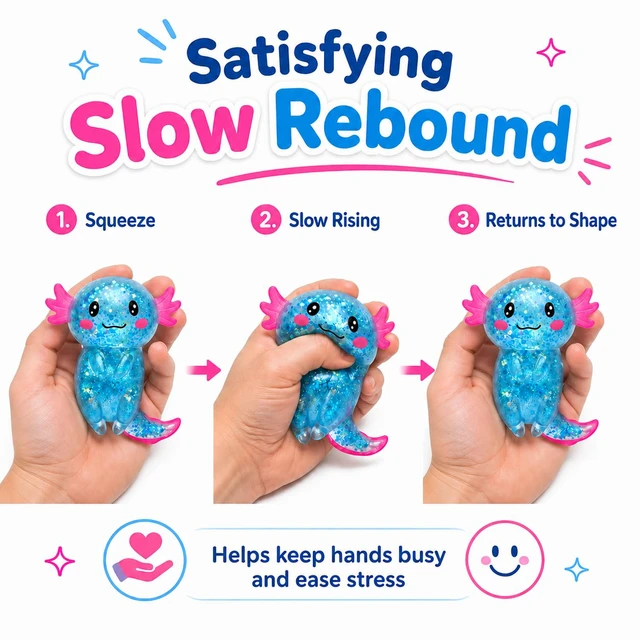 Alt view image 5 of 7 - Squishy Stress Ball, Soft TPR Slow Rising Squeeze Toy, Cute Axolotl Fidget Toy for Stress Relief, Anxiety Calming Sensory Toy for Kids Adults(Blue Long Tail Axolotl)