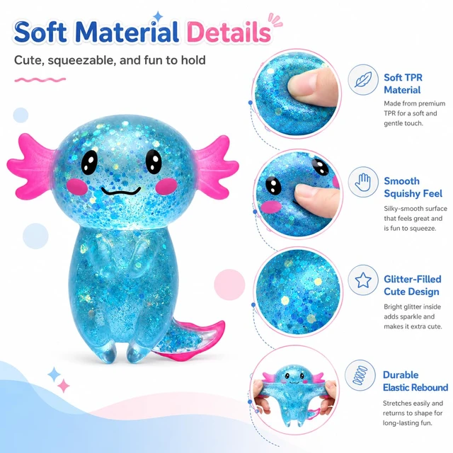 Alt view image 6 of 7 - Squishy Stress Ball, Soft TPR Slow Rising Squeeze Toy, Cute Axolotl Fidget Toy for Stress Relief, Anxiety Calming Sensory Toy for Kids Adults(Blue Long Tail Axolotl)