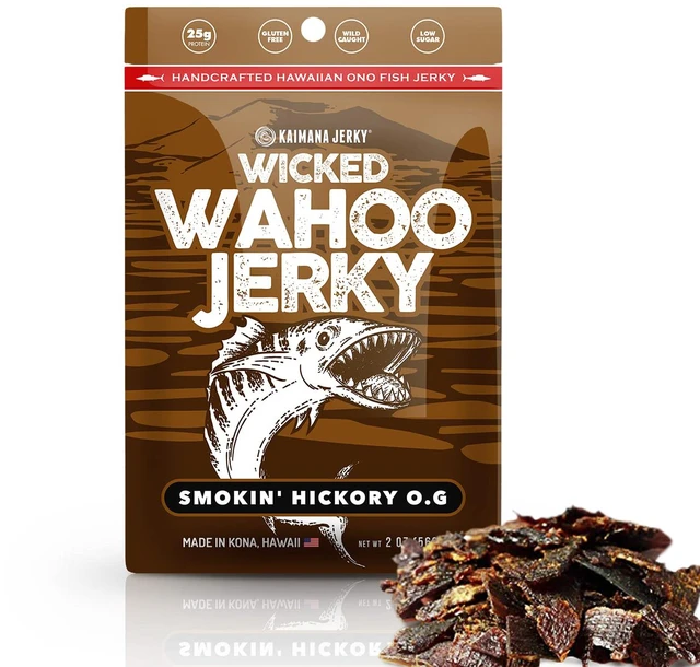 Main image of Wahoo Ono Fish Jerky - Organic, Gourmet Smoked Fish Strips, Rich in Omega-3 & Protein, Low-Calorie, Low Sodium & Sugar - Smoky Umami Flavor - 2oz Bag