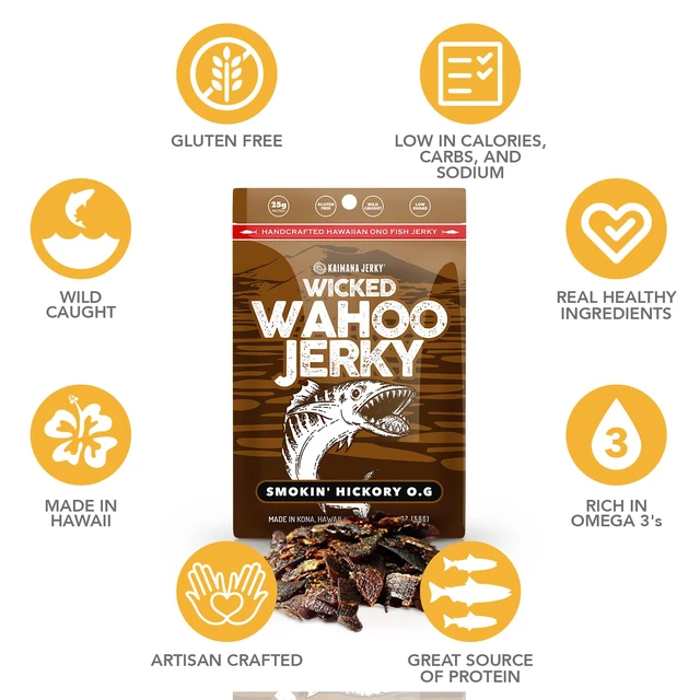 Alt view image 3 of 7 - Wahoo Ono Fish Jerky - Organic, Gourmet Smoked Fish Strips, Rich in Omega-3 & Protein, Low-Calorie, Low Sodium & Sugar - Smoky Umami Flavor - 2oz Bag