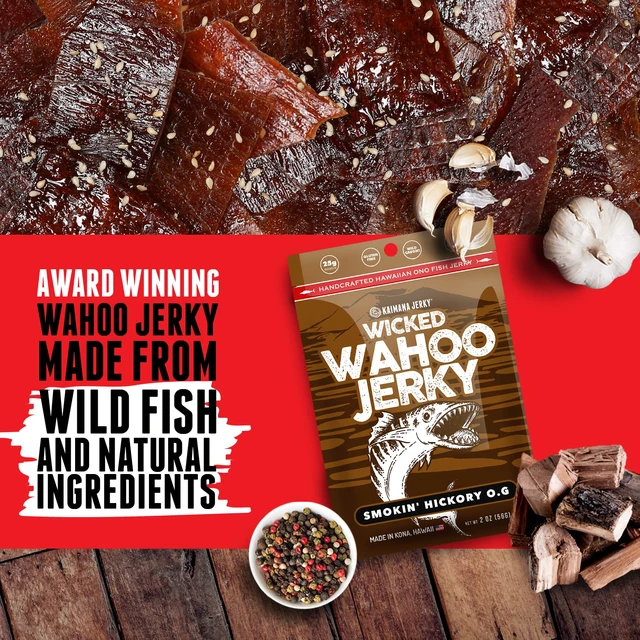 Alt view image 4 of 7 - Wahoo Ono Fish Jerky - Organic, Gourmet Smoked Fish Strips, Rich in Omega-3 & Protein, Low-Calorie, Low Sodium & Sugar - Smoky Umami Flavor - 2oz Bag