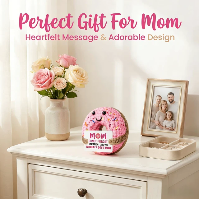 Alt view image 2 of 7 - Handmade Crochet Donut Plush for Mom Sweet Emotional Support Gift for Mother, Heartwarming Birthday, Unique Home Desk Decor (Pink)