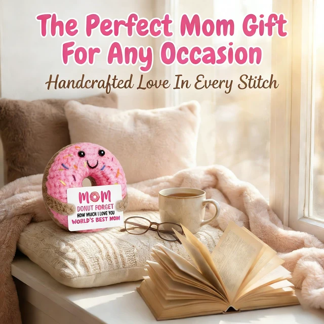 Alt view image 4 of 7 - Handmade Crochet Donut Plush for Mom Sweet Emotional Support Gift for Mother, Heartwarming Birthday, Unique Home Desk Decor (Pink)