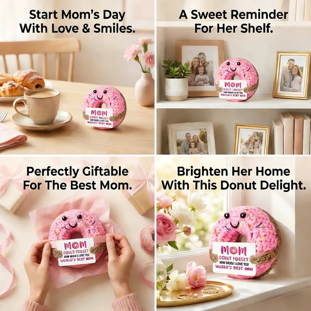 Alt view image 6 of 7 - Handmade Crochet Donut Plush for Mom Sweet Emotional Support Gift for Mother, Heartwarming Birthday, Unique Home Desk Decor (Pink)