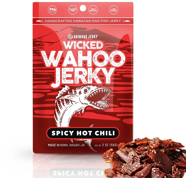 Main image of Wahoo Ono Fish Jerky - Organic Smoked Fish Strips, Sweet & Hot Umami Flavor, Rich in Omega-3 & Protein, Low-Calorie, Low Sodium & Sugar - 2oz by Kaimana Jerky