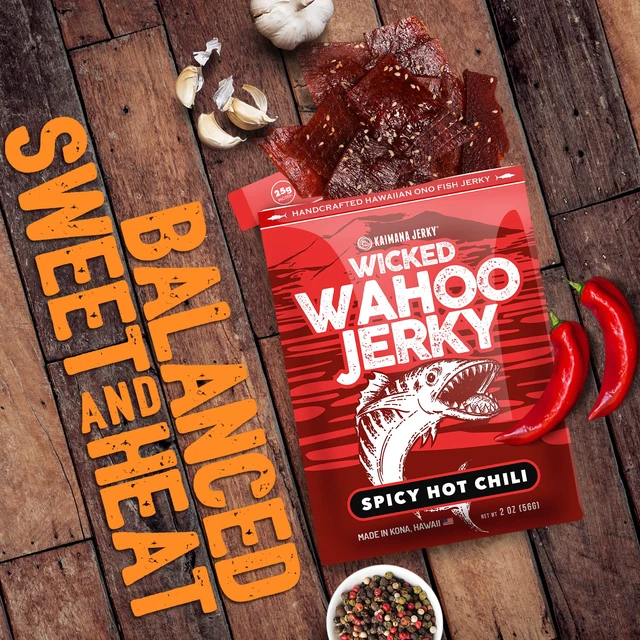 Alt view image 2 of 7 - Wahoo Ono Fish Jerky - Organic Smoked Fish Strips, Sweet & Hot Umami Flavor, Rich in Omega-3 & Protein, Low-Calorie, Low Sodium & Sugar - 2oz by Kaimana Jerky