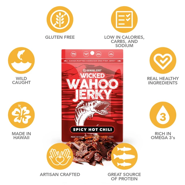 Alt view image 3 of 7 - Wahoo Ono Fish Jerky - Organic Smoked Fish Strips, Sweet & Hot Umami Flavor, Rich in Omega-3 & Protein, Low-Calorie, Low Sodium & Sugar - 2oz by Kaimana Jerky