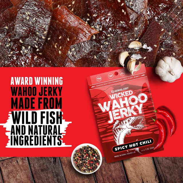 Alt view image 4 of 7 - Wahoo Ono Fish Jerky - Organic Smoked Fish Strips, Sweet & Hot Umami Flavor, Rich in Omega-3 & Protein, Low-Calorie, Low Sodium & Sugar - 2oz by Kaimana Jerky