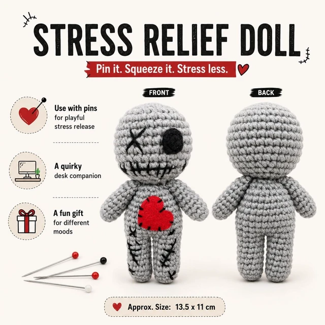 Alt view image 3 of 6 - Handmade Emotional Support Voodoo Doll, Funny Crochet Positive Doll for Stress Relief, Soft Knitted Calming Toy, Unique Cheer Up Gift for Friends Feeling Down & Coworkers (Gray)