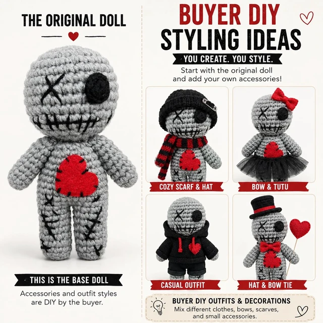 Alt view image 4 of 6 - Handmade Emotional Support Voodoo Doll, Funny Crochet Positive Doll for Stress Relief, Soft Knitted Calming Toy, Unique Cheer Up Gift for Friends Feeling Down & Coworkers (Gray)