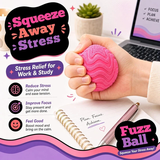 Alt view image 4 of 5 - Squishy Stress Ball, Stress Fun Desk Fuzz Squeeze Ball, Squishy Ball Calming Tactile Grip for Focus & Relaxation (Pink)
