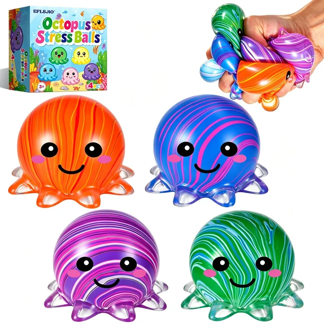 Main image of 4 Pack Squishy Toy Octopus Stress Balls for Adults, Slow Rising Squishy for Anxiety Stress Relief, Cute Squeeze Ball for Party Favors Classroom Prizes Birthday Gifts (4PC-Octopus)