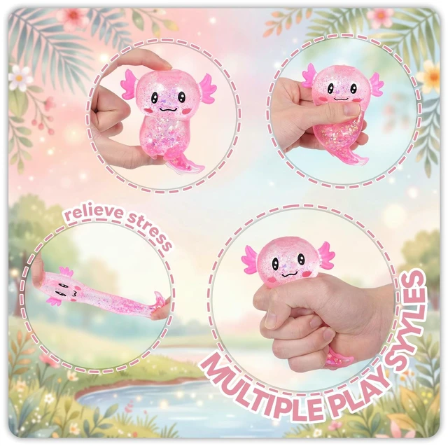 Alt view image 2 of 7 - Axolotl Fidget Toy, Soft Squishy Stress Relief Toy for Adults and Kids, Glitter Sensory Stretch Toy for Anxiety Relief, Focus Desk Toy, (Pink)