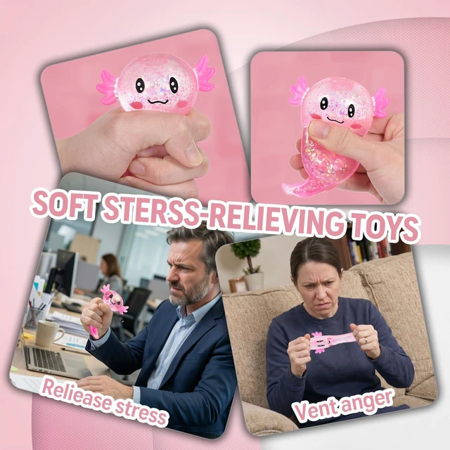 Alt view image 5 of 7 - Axolotl Fidget Toy, Soft Squishy Stress Relief Toy for Adults and Kids, Glitter Sensory Stretch Toy for Anxiety Relief, Focus Desk Toy, (Pink)