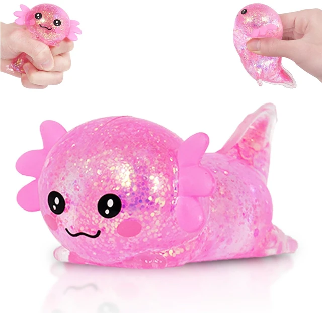 Main image of Lying Axolotl Squishy Toy, Glitter Slow Rising Squeeze Toy | Maltose filled TPR stress relief fidget toy. Cute transparent handheld desk pet sensory toys for kids age 3+ & adults.