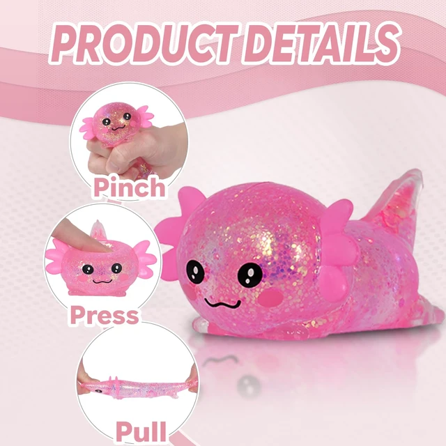 Alt view image 4 of 7 - Lying Axolotl Squishy Toy, Glitter Slow Rising Squeeze Toy | Maltose filled TPR stress relief fidget toy. Cute transparent handheld desk pet sensory toys for kids age 3+ & adults.