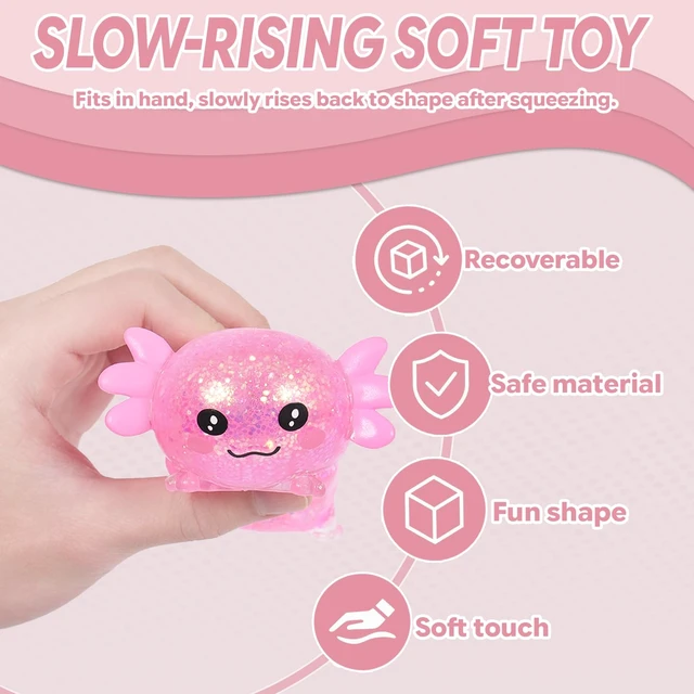 Alt view image 5 of 7 - Lying Axolotl Squishy Toy, Glitter Slow Rising Squeeze Toy | Maltose filled TPR stress relief fidget toy. Cute transparent handheld desk pet sensory toys for kids age 3+ & adults.