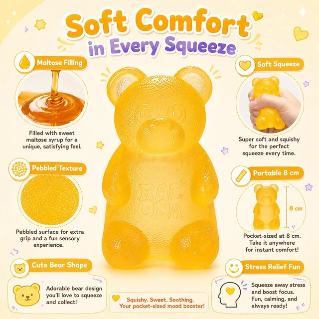 Alt view image 2 of 7 - Gummy Bear Squishy Fidget ,Yellow Taba Squishy Bear Squeeze Toys | Pocket Size Non-Sticky Slow Rising Stress Ball for Anxiety Relief,Quiet Sensory Desk Toy for Kid Adult with Autism,Odor Free