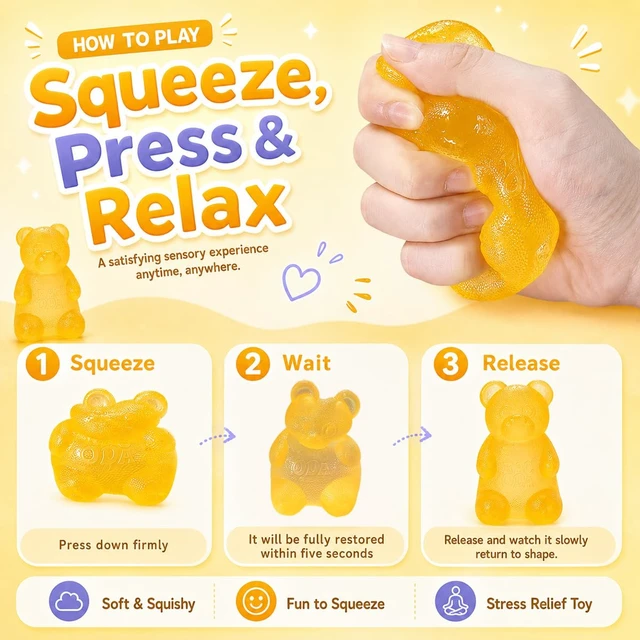 Alt view image 3 of 7 - Gummy Bear Squishy Fidget ,Yellow Taba Squishy Bear Squeeze Toys | Pocket Size Non-Sticky Slow Rising Stress Ball for Anxiety Relief,Quiet Sensory Desk Toy for Kid Adult with Autism,Odor Free