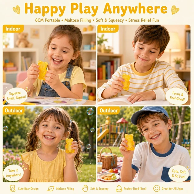 Alt view image 5 of 7 - Gummy Bear Squishy Fidget ,Yellow Taba Squishy Bear Squeeze Toys | Pocket Size Non-Sticky Slow Rising Stress Ball for Anxiety Relief,Quiet Sensory Desk Toy for Kid Adult with Autism,Odor Free