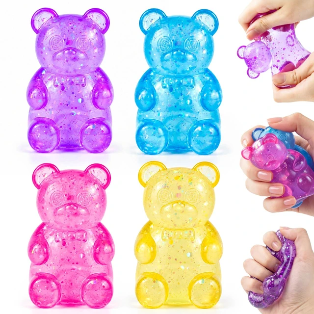 Main image of 4 Pack Bear Squishy Fidget Toy, Glitter Bear Squishy Slow Rising Squeeze Sensory Stress Balls for Adults Kids Anxiety Relief Party Favor, Birthday Present Desk Toys