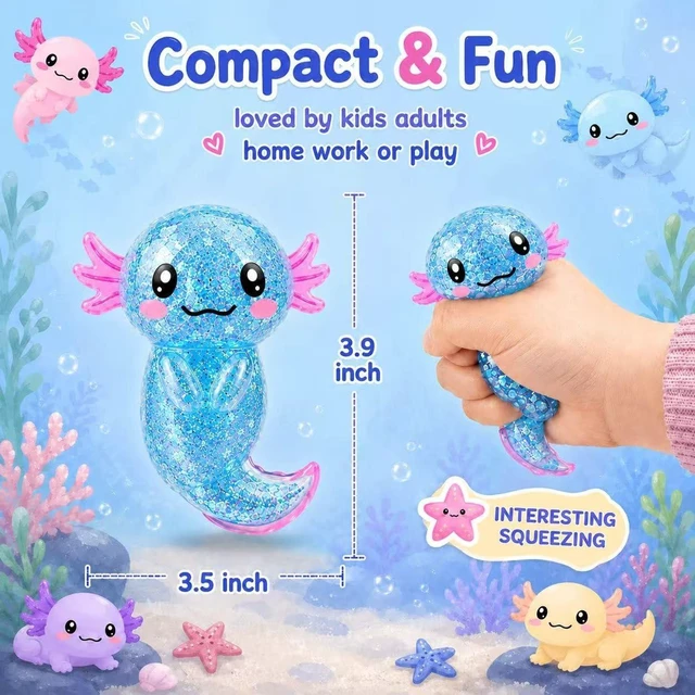 Alt view image 2 of 7 - Squishy Toy,Glitter Stress Relief Axolotl Toy,Cute Malt Sugar Filled Sensory Fidget Toy for Kids Adults,Axolotl Birthday Party Favors Gifts