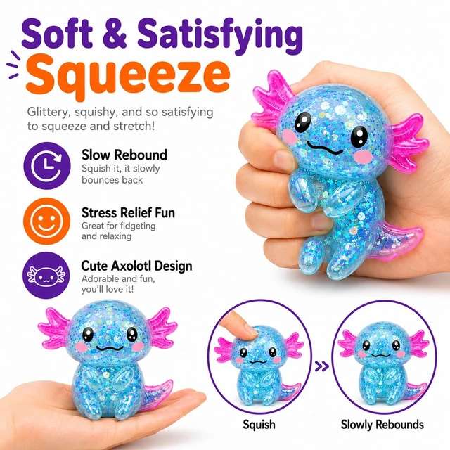 Alt view image 4 of 7 - Squishy Toy,Glitter Stress Relief Axolotl Toy,Cute Malt Sugar Filled Sensory Fidget Toy for Kids Adults,Axolotl Birthday Party Favors Gifts