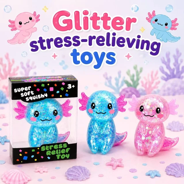 Alt view image 7 of 7 - Squishy Toy,Glitter Stress Relief Axolotl Toy,Cute Malt Sugar Filled Sensory Fidget Toy for Kids Adults,Axolotl Birthday Party Favors Gifts