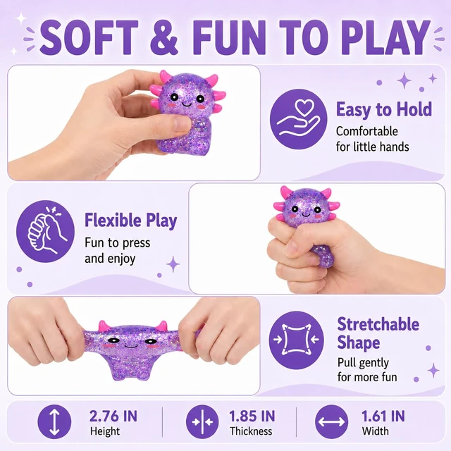Alt view image 3 of 7 - Squishy Stress Ball, Glitter Fidget Sensory Toy, Soft Stretchy Squeeze for Stress Relief, for Kids Teens & Adults Ages 3+(Purple)