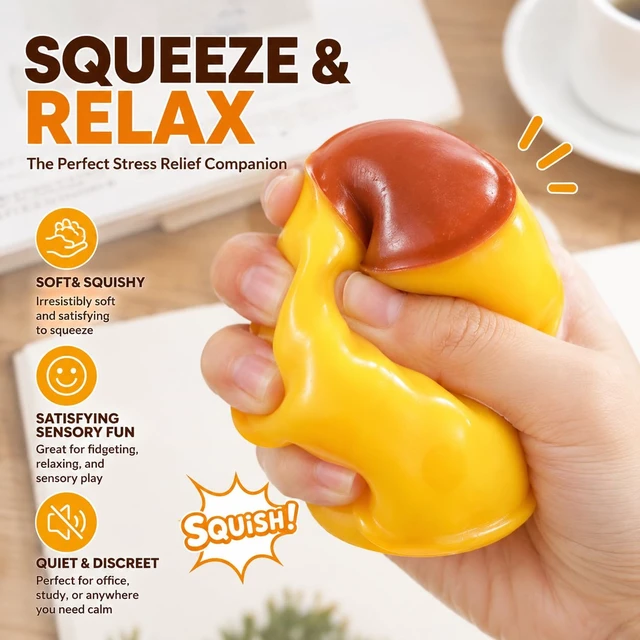 Alt view image 2 of 7 - Pudding Squishy Stress Ball, Crunchy Bead Filled Non-Rebound Silicone Sensory Squeeze Accessory, ASMR Pliable Stress Reliever with Realistic Dessert Design for Desk, Office and Travel