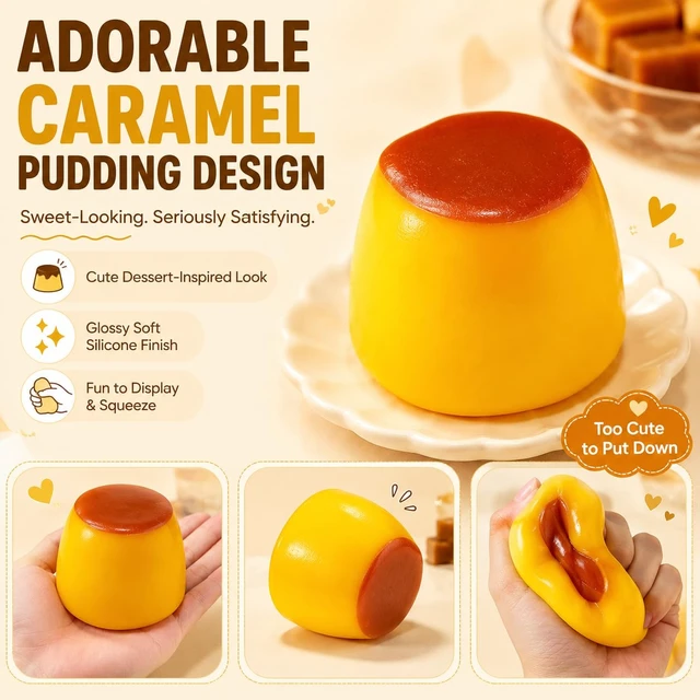 Alt view image 3 of 7 - Pudding Squishy Stress Ball, Crunchy Bead Filled Non-Rebound Silicone Sensory Squeeze Accessory, ASMR Pliable Stress Reliever with Realistic Dessert Design for Desk, Office and Travel