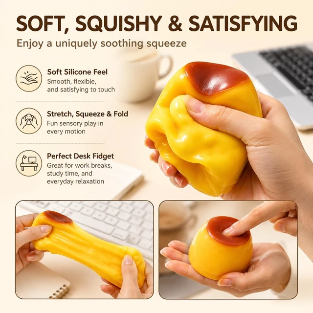 Alt view image 4 of 7 - Pudding Squishy Stress Ball, Crunchy Bead Filled Non-Rebound Silicone Sensory Squeeze Accessory, ASMR Pliable Stress Reliever with Realistic Dessert Design for Desk, Office and Travel