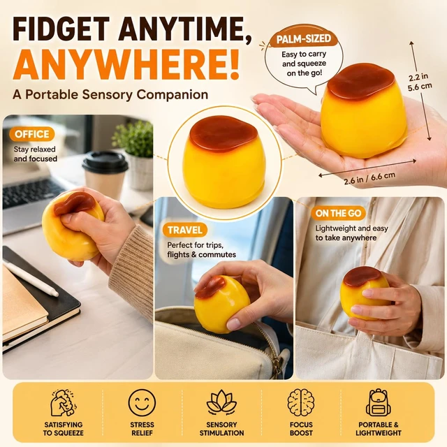 Alt view image 6 of 7 - Pudding Squishy Stress Ball, Crunchy Bead Filled Non-Rebound Silicone Sensory Squeeze Accessory, ASMR Pliable Stress Reliever with Realistic Dessert Design for Desk, Office and Travel