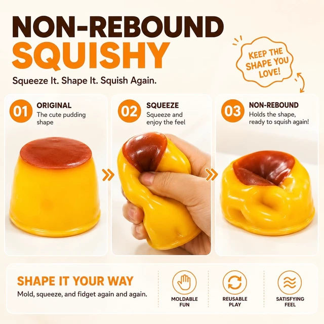 Alt view image 5 of 7 - Pudding Squishy Stress Ball, Crunchy Bead Filled Non-Rebound Silicone Sensory Squeeze Accessory, ASMR Pliable Stress Reliever with Realistic Dessert Design for Desk, Office and Travel