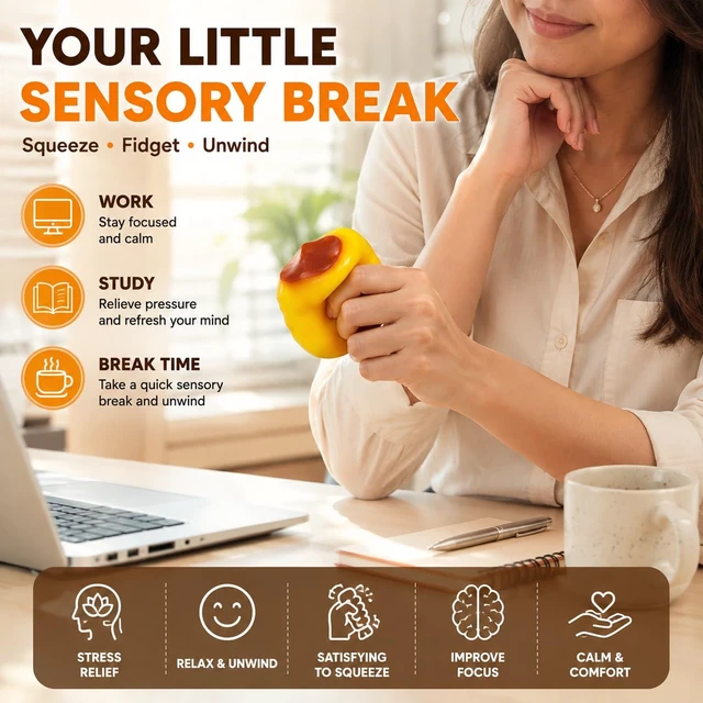 Alt view image 7 of 7 - Pudding Squishy Stress Ball, Crunchy Bead Filled Non-Rebound Silicone Sensory Squeeze Accessory, ASMR Pliable Stress Reliever with Realistic Dessert Design for Desk, Office and Travel