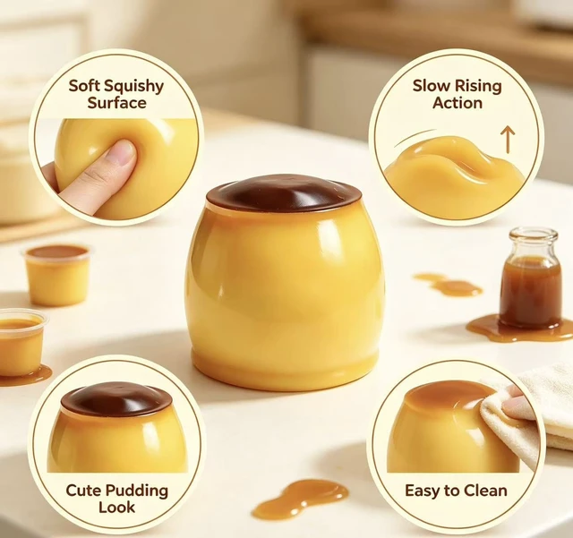 Alt view image 3 of 5 - Pudding Squishy Stress Ball Food Toy, Caramel Pudding Stress Ball Squishy, Cute Realistic Food-Desk Stress Relief