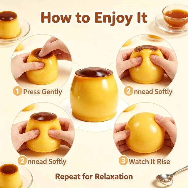 Alt view image 5 of 5 - Pudding Squishy Stress Ball Food Toy, Caramel Pudding Stress Ball Squishy, Cute Realistic Food-Desk Stress Relief