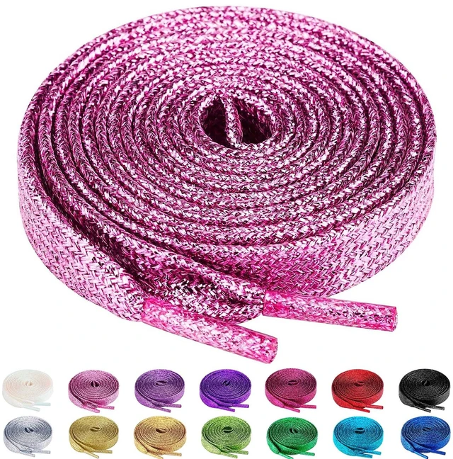 Main image of 2 Pairs Flat Glitter Shiny Metallic Shoe Laces for Sneakers, 2/5" Wide Sequin Athletic Shoelaces Pink 47 inch(120cm)