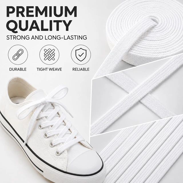 Alt view image 2 of 7 - 5/16" Double Layer Flat Shoelaces - Non-Slip, No-Fray, No-Pilling, 21 Colors & 14 Sizes, Universal Fit for Sneakers Boots Dress Shoes, White 54"(137cm)