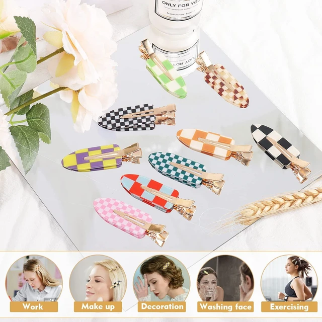 Alt view image 5 of 6 - 9PCS No Bend Checkerboard Creaseless Hair Clips for Makeup Women | No Crease Curl Pins, Acrylic Resin Cute Flat Clip, Colorful Bang Seamless Duckbill Hair Barrette for Hairstyle Accessories