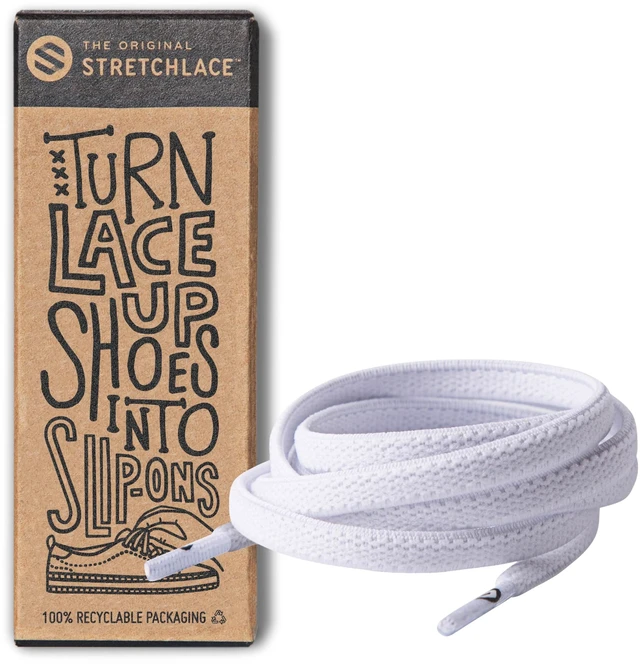 Main image of Flat Elastic Stretch Shoelaces, White, 55 in | Tie once for a no-tie slip-on. Stretchy, elastic laces that stay secure all day for sneakers, kids, adults and running.
