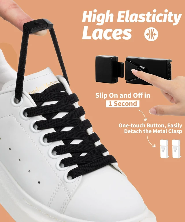 Alt view image 2 of 7 - Elastic Shoe Laces for Sneakers No Tie Shoelaces Black 120 | Easy slip-on fit, one size fits all, strong 5/16" wide stretch laces, secure metal buckle hold, 24 colors, for kids & adults