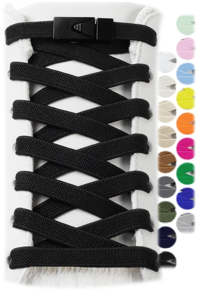 Main image of Elastic Shoe Laces for Sneakers No Tie Shoelaces Black 120 | Easy slip-on fit, one size fits all, strong 5/16" wide stretch laces, secure metal buckle hold, 24 colors, for kids & adults