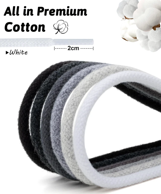 Alt view image 2 of 7 - round cotton shoe laces for sneakers, 4 mm laces White 90 | 2 pairs anti-slip round laces for athletic shoes, boots