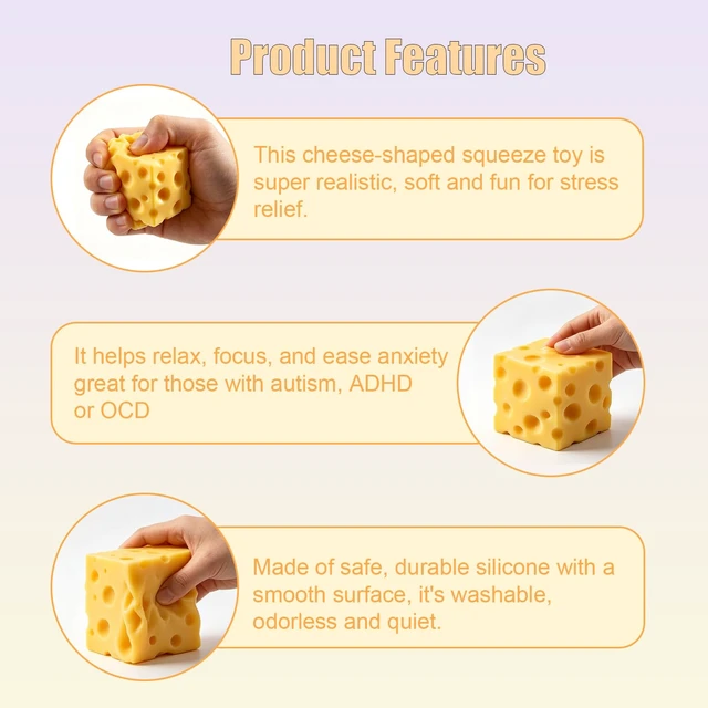 Alt view image 3 of 6 - Cheese Squishy Stress Relief Toy,Soft Slow Rising Sensory Food Fidget Toy,Cute Squeeze Stress Balls for Adults,Anxiety Relief Calming Fidget for Office Home Travel