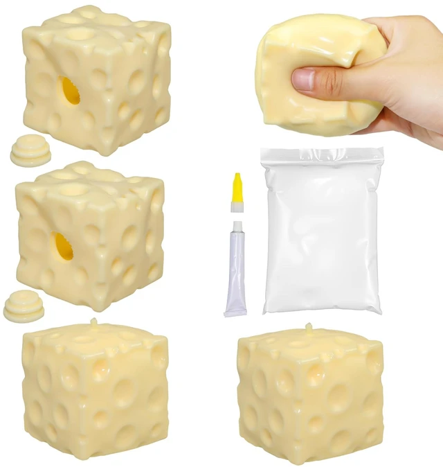 Main image of 2Pcs Cheese Squishy Skin Stress Ball Making Kit - Easy Handmade Sensory Squishy Toys | Includes 2 Cheese-Shaped TPR Skins and 3.5 oz Filler; ASMR Craft Anxiety Relief Slow-Rising Cheese Squishies