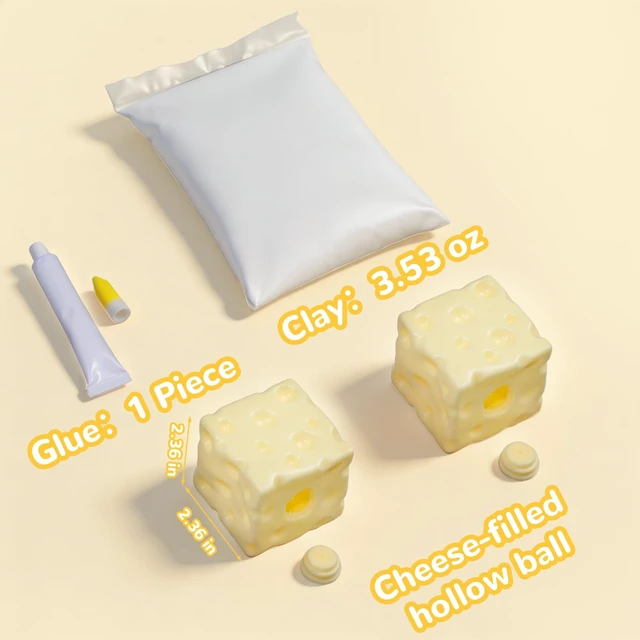 Alt view image 2 of 7 - 2Pcs Cheese Squishy Skin Stress Ball Making Kit - Easy Handmade Sensory Squishy Toys | Includes 2 Cheese-Shaped TPR Skins and 3.5 oz Filler; ASMR Craft Anxiety Relief Slow-Rising Cheese Squishies